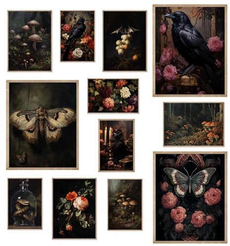 KINYEYE Dark Academia Nature Eclectic Poster, dunkle Cottagecore-Rosen, Rabenschädel, Gothic-Wandkunstdruck, Cottagecore-Heimdekoration, ungerahmt, 12 Stück