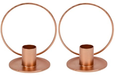 Lot de 2 bougeoirs élégants en métal HOOP en cuivre rose doré pour bougies à tige, décoration de table, décoration d'appartement, accessoires de décoration de mariage et accessoires de Noël