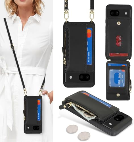 SailorTech Handyhülle für Google Pixel 8a Etui mit Kartenfach, Google Pixel 8a Hülle mit Verstellbarer Halskette, Google Pixel 8a Handytasche mit Reißverschluss Geldbörse-Schwarz