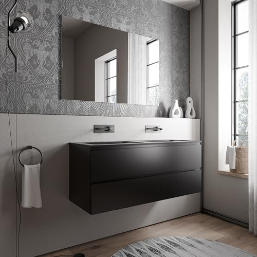 BERNSTEIN Badmöbel-Set Ava 120cm bestehend aus Mineralguss-Doppel-Waschbecken mit Unterschrank in Schwarz matt, Waschtisch CREAM - Schwarz matt ohne Hahnloch, Ideal für große Bäder