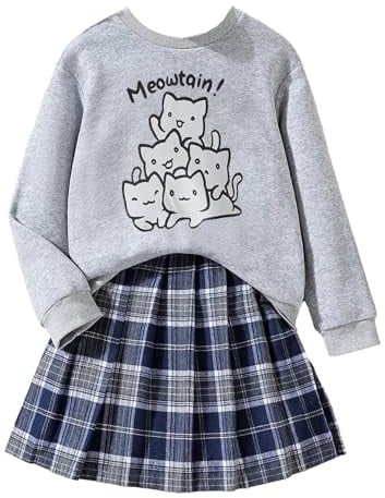 Asbabiy 2-teiliges Mädchen-Outfits, lässiger Pullover und karierter Retrorock, Set, 7–13 Jahre, GRAU, 10-11Y(55-58 IN)