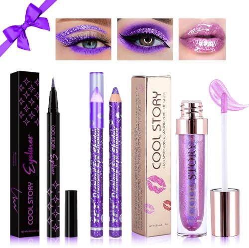 Desing Wish 3 Stück Glitzer Lippenstift Lila Eyeliner Lidschatten Stift Set Lip Gloss 24 Stunden Halt Lipstick Long Lasting Lidschattenstift Metallic Eye Glitter Make up Schminke Damen Geschenk