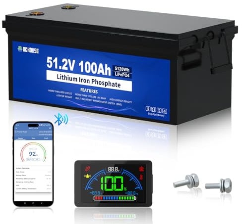 DCHOUSE Batteria da golf da 48V, 100Ah, BMS, monitor LCD e app mobile Bluetooth, corrente di picco 600A, fino a 15000 batterie al litio Deep Cycles per impianti solari, camper