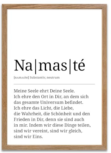 ARTFAVES® Poster Definition Namasté | Worterklärung Duden Lexikon Wanddeko Wandbild Spruch als Geschenk | mit Rahmen Holz Eiche | 30 x 40 cm