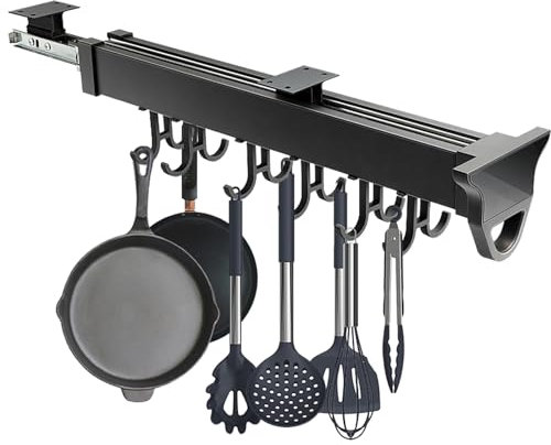 Pull Out Cabinet Organizer with Hooks for Hanging Kitchen Shelf - Pot Rack, Mug Holder, Clothes Rack, Mop Broom Holder