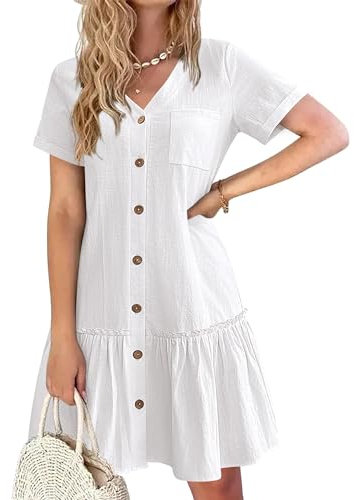 HOTOUCH Women's Summer Cotton Linen Dress, V-Neck, Ruffle Hem, Casual Dress, Short Sleeve, White, Size M