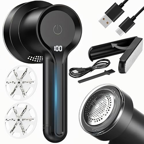 Retoo Lint Shaver Electric Lint Remover Lint Cutter for All Fabrics Clothes Fabric Shaver 5W 3 Speeds LED Display Rechargeable Charging Cable USB-C Cleaning Brush Black
