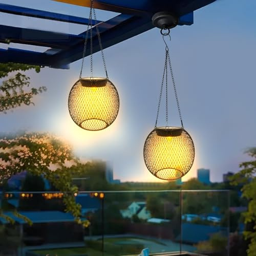 Solarlampen für Außen Hängend, 2 Stück Solar Laternen für Draußen mit Größer LED-Glühbirne, Garten Deko LED Warmweiß Solarleuchten Gartendeko mit Haken und Kette für Terrasse Rasen Balkon Hof (2)