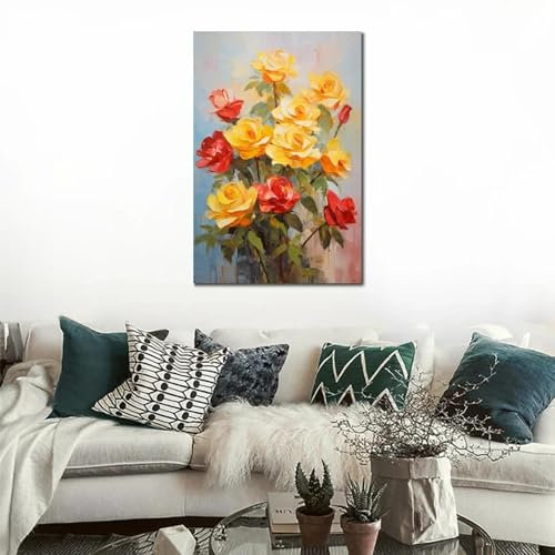 LTjiajuypd Peinture à l'huile de fleurs de roses rouges et jaunes, impression sur toile, pour mur de hall d'hôtel, décoration de la maison, 30 x 50 cm, sans cadre