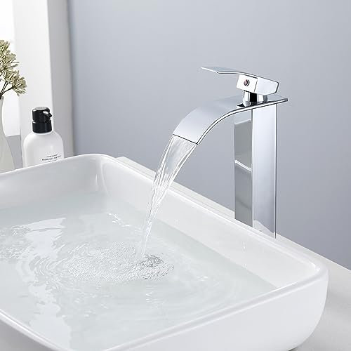 WDSOPK Miscelatore per Lavabo da Appoggio A Cascata, Rubinetto Alto Monoforo per Lavabo da Bagno, Miscelatore Monocomando in Acciaio Inox per Acqua Calda E Fredda, Cromato(Chrome)