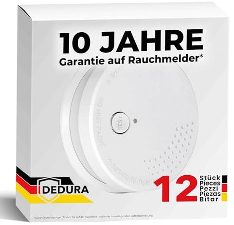 Rauchmelder 12er Set - 10 Jahre Garantie mit 9V Batterie austauschbar - nach DIN EN14604 von BSI zertifizierter Feuermelder, Rauchwarnmelder und Brandmelder