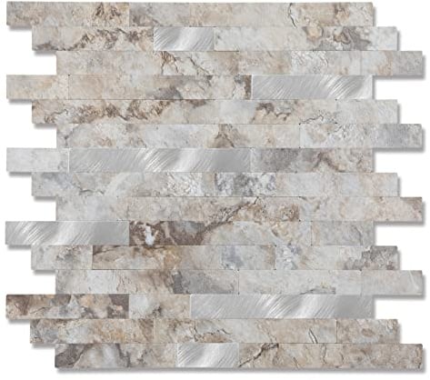 Yipscazo 10 Blätter Peel und Stick Stein Metall Fliese Backsplash, PVC Wandfliesen, Stick auf Fliesen für Backsplash Küche In Grau mit Braun