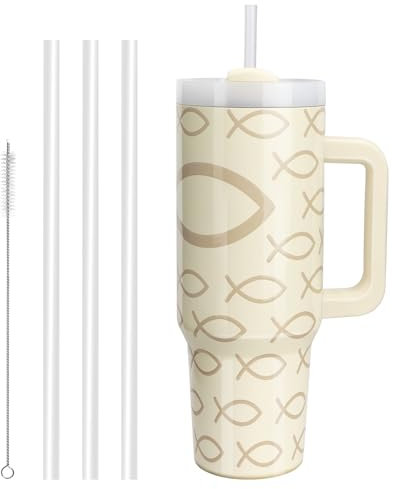 WALLFID Gobelet de 40oz en Acier Inoxydable Isolé sous Vide, avec Couvercle et Paille, Idéal pour Boissons Chaudes/Froides, Parfait pour Café, Thé, Smoothies, etc (Symbole du poisson)