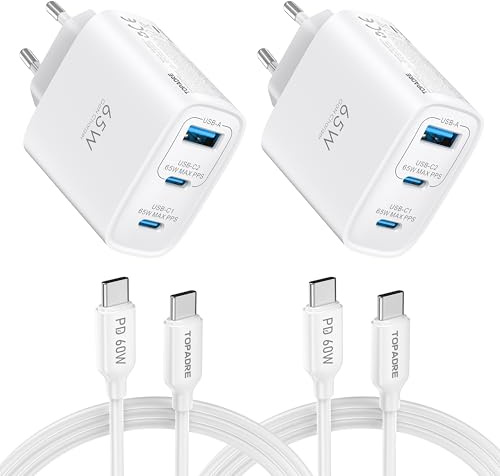 TOPADRE USB C Ladegerät 65W,2er-Pack 3-Port USB-C Netzteil mit Zwei 2M Ladekabel,Schnellladegerät PD Charger kompatibel mit MacBook Pro/Air, für iPad Pro/Air, für iPhone 16/15, Galaxy