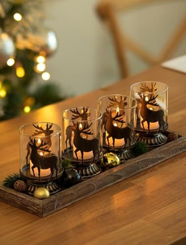 Sziqiqi Adventskranz Teelichter Teelichthalter Weihnachten: 4er Set Adventsgesteck Metall Kerzenständer Hirsch Vintage für Weihnachtsdeko Tischdeko - Schwarz Adventskranz Renrier Klein für Advent