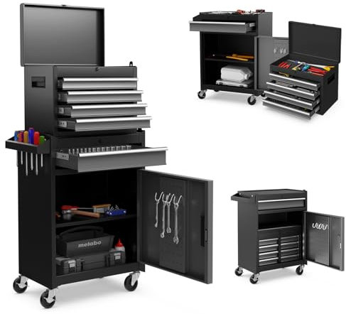 SOARS Werkstattwagen, Werkstattwagen mit 5 Fächern, 2 Regalen, abnehmbarer Werkzeugkasten & Werkzeugschrank, abschließbar, 59 x 28 x 102 cm, für Garage, Werkstatt, Haus (schwarz + grau)