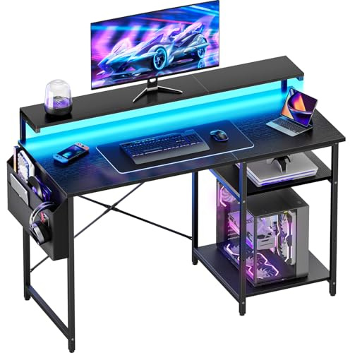 HLONONE Gaming Tisch mit LED und Monitorständer, Schreibtisch mit Stauraum | Computertisch mit Regal & Aufbewahrungstasche, Stabiles Metallgestell, für Arbeitszimmer und Schlafzimmer, 100 cm, Schwarz