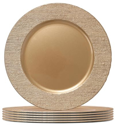 Argon Tableware Round Charger Plates - 33cm - Gold Rib - 6X Reusable Hard Plastic Dinner Table Setting Wedding Party Decor Decorative Serving Tableware Dinnerware Chargers Placemats