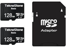 TEKNOSTONE 128GB Basic MicroSDXC TF Memory Card with Adapter 2 Packs | 90MB/s Read 50MB/s Write UHS-I C10 U3 V30 A1 for DJI Insta360 Dash Security Cameras Drone Console Tablet Phone