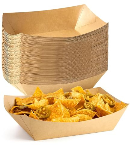 ECONX 50 X Large Kraft 25X15cm Paper Food Trays – Brown Cardboard Serving Plates Recycled Takeaway Food Boxes Serving Tray | Water Oil Proof For Takeaway, Street Food, Catering and Picnic