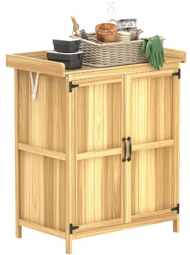 Outsunny Armario de Exterior de Madera con 2 Puertas 74x43x88 cm Natural | Caseta de Jardín Exterior, Techo Abatible de Acero Inoxidable, Estante, Cobertizo de Jardín, Almacenamiento Herramientas