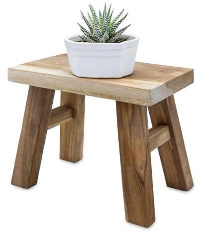 Spetebo Teakholz Blumenbank Natur rechteckig 21 x 12 cm | Massivholz, Landhaus rustikal, Echtholz Pflanzenständer, Blumenpodest, Miniatur Holzbank Deko