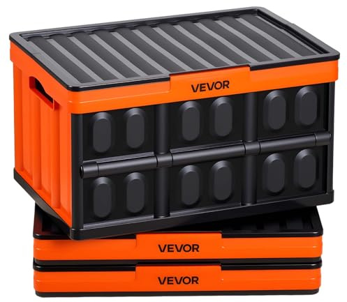 VEVOR Plastic Collapsible Storage Bins with Lids, 45L 3Packs, Stackable Folding Storage Crates with Handles, Holds 44 lbs Per Bin, Heavy Duty Containers, Space-Saving Baskets, for Home Organizing