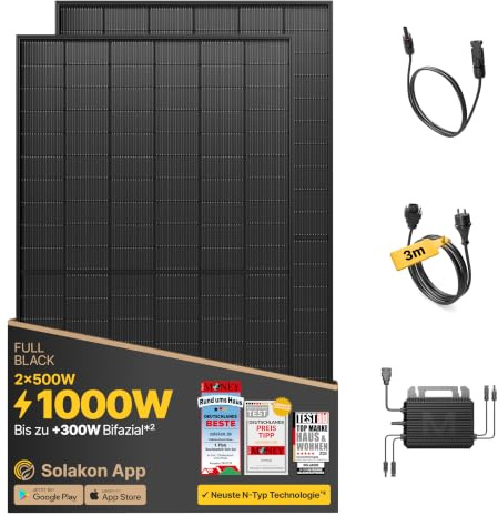 Solakon® 1000W Balkonkraftwerk komplett Steckdose, Ohne Halterung, 3m Kabel | neuester 800 Watt Wechselrichter - Solaranlage Komplettset - 2x 500W bifaziale Solarmodule inkl. Zubehör