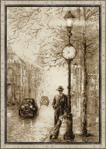 RIOLIS Cross Stitch Kit - 1611 - Old Photo - Waiting | 14ct White Zweigart Aida, 8 Wool/Acrylic Colors, Intermediate Level, Chart and Needle Included, Embroidery Kit for Gift