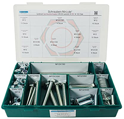 Sortiment/Set - M12 DIN 933 - Maschinenschrauben Stahl verzinkt Werkstoff 8.8 Gewindeschrauben/Scheiben/Muttern