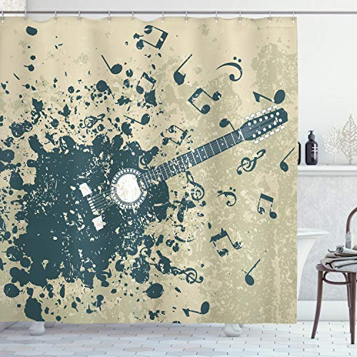 ABAKUHAUS Musik Duschvorhang, Akustikgitarre Hinweise, Stoffliches Gewebe Badezimmerdekorationsset mit Haken, 175 x 180 cm, Beige Dunkelblau