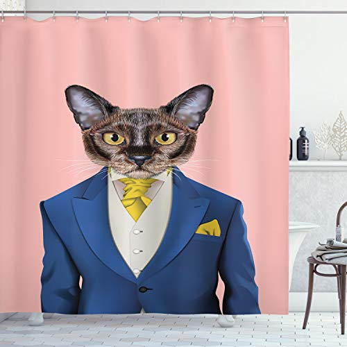 ABAKUHAUS Hipster Duschvorhang, Skurril Porträt Einer Katze, Stoffliches Gewebe Badezimmerdekorationsset mit Haken, 175 x 220 cm, Blush und Mehrfarbig
