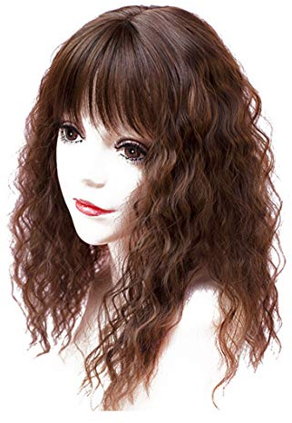 Lockiges Haar-Topper-Haarteile mit Pony für Frauen, weiches synthetisches Clip-in-Kronenaufsatz für dünner werdendes Haar, 45 cm, Hellbraun
