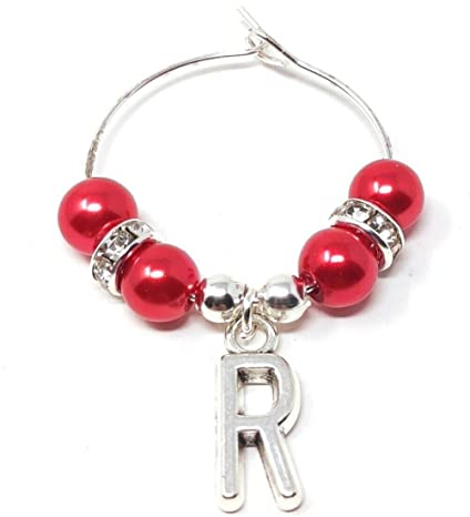 Personalised Red Pearl Initial Letter Wine Gin Prosecco Glass Charms Hen Wedding Christmas Party