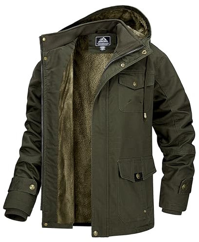 MAGCOMSEN Cappotto invernale da uomo in pile Bomber Cargo Giacca da uomo, stile militare, stile casual, con cappuccio, Verde militare, XXXL