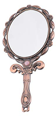 Minkissy Vintage Handspiegel faltbare Hand Make-up Spiegel oval Metall Tischspiegel für Reisen Home Office (rot Bronze)