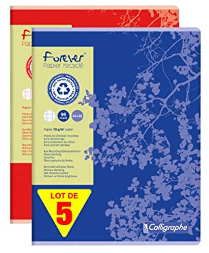 Calligraphe 17493AMZC Lot de 5 Cahiers Agrafés Forever (une Marque de Clairefontaine) - 24x32 cm - 96 Pages Grands Carreaux - Papier 100 % Recyclé 70 g - Couvertures Recyclées Couleurs Aléatoires