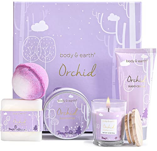 BODY & EARTH Luxury Gifts for Women, 5 Pcs Orchid Bath Spa Gift Set Includes Scented Candle, Body Butter, Hand Cream, Gifts for Pregnant Women, Birthday Gift Sets for her,Christmas Gifts