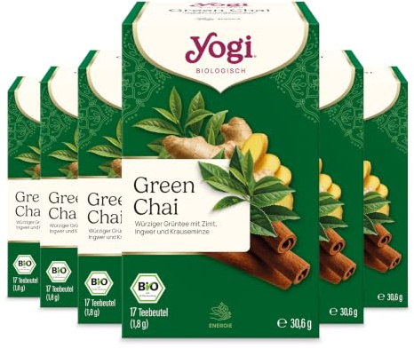 Yogi Green Chai Tee, würzig und erfrischend, 6x17 Beutel (102 Teebeutel) | Ayurvedischer Bio Gewürz- und Kräutertee, Mischung aus grünem Tee, Zimt, Ingwer und Krauseminze, tägliches wohlbefinden
