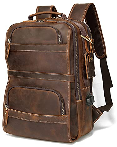 LANNSYNE Vintage-Rucksack für Herren, echtes Leder, 39,6 cm (15,6 Zoll), Reiserucksack für Wochenende, Camping, Rucksack, Braun, L, Rucksack