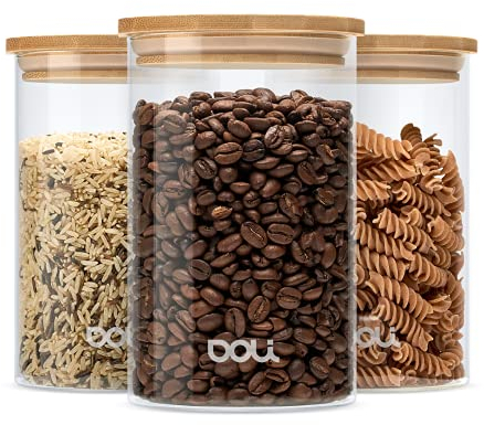 Doli Vorratsgläser mit Deckel 3er-Set - Aromadichte & Stapelbare Gläser zur Aufbewahrung - Inkl. Etiketten - Spülmaschinenfest - 3 x 1 L