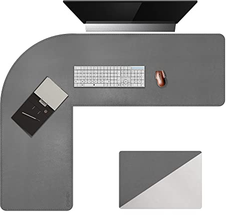 Chihein L-förmiger Schreibtisch PU-Leder Mauspad, Eckschreibtisch Schreibtischunterlage, Großer Doppelseitige Wasserdichte Bürotisch Unterlage (115+145) x40CM (Grau/Weiß)