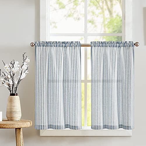 TOPICK 2er Set H 60 x B 65 (cm) Gestreifte Scheibengardinen Leinen Gardinen mit Streifen Küchenvorhang Blickdicht Kurz Küchengardinen für Küchen Esszimmer Badezimmer Klein Fenster Blau auf Beige