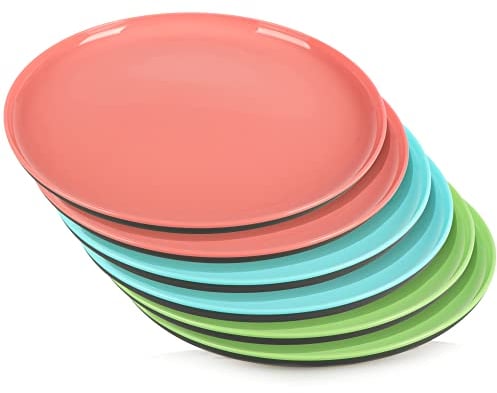 com-four® 6x Teller in bunten Farben - Picknick und Grill-Zubehör - Campinggeschirr - platzsparendes, hygienisches und wiederverwendbares Mehrweggeschirr (6 Stück - grün - blau - pink)