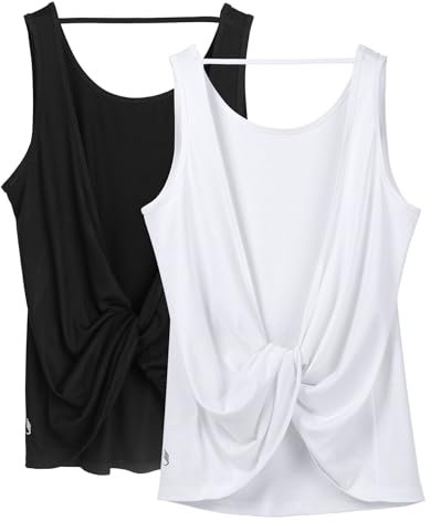 icyzone Damen Sport Tank Top Rückenfrei, Fitness Yoga Shirt Ärmellose Gym Sport Oberteil, 2er Pack (M, Black*/White*)