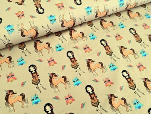 Baumwolljersey Kleine Squaw Mädchen mit Pferd in Beige Stoff Meterware