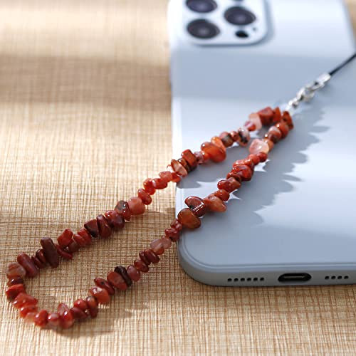 Duories Bunte Natürlicher Kristallstein Kies Handykette,Universal Handy Handschlaufe Handy Charm Handgelenk Handy Lanyard Perlen Kette Telefonkette Handyschmuck Schlüssel Taschen Handy Anhänger,Rot