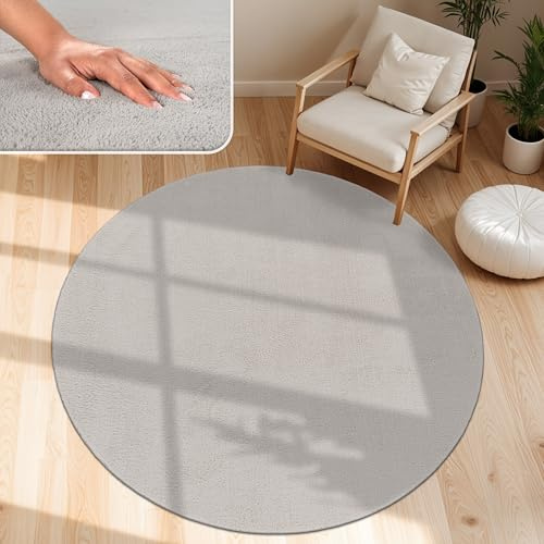 Paco Home Moderner Kuscheliger Wohnzimmer Teppich Kurzflor waschbar flauschig Weich Einfarbig Felloptik zeitlos stilvoll rutschfest pflegeleicht, Grösse:160 cm Rund, Farbe:Silber