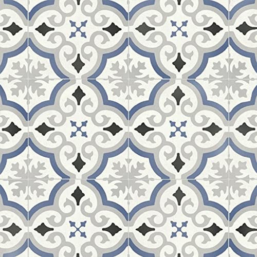 Patterned Tile Effect Cosmic Vinyl Flooring 2.8mm Realistic Foam Backed Lino Slip Resistant (Blue & Grey Victorian Tiles, 2.5m x 2m)