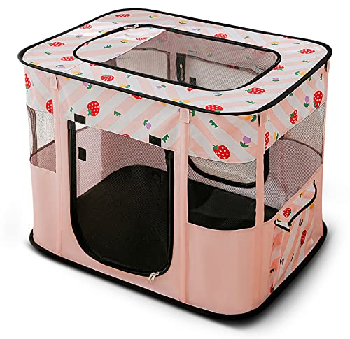 ALLSOPETS Faltbarer Haustierstall Tragbarer Katzen Laufstall Hunde Zelt Hundekäfig für Hund Welpe Freigehege Hundebox Kaninchen Zwinger mit Tragbar Handtasche (Rosa Erdbeeren, M)